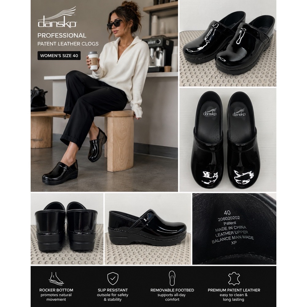 Dansko Professional Black Patent Leather Clogs Womens 40 Slip Resistant Comfort